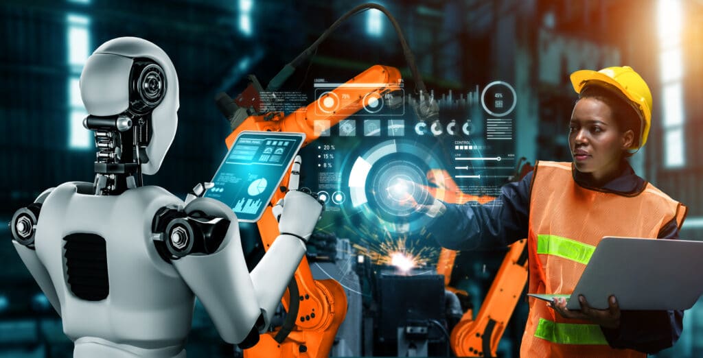 Mechanized industry robot and human worker working together in future factory