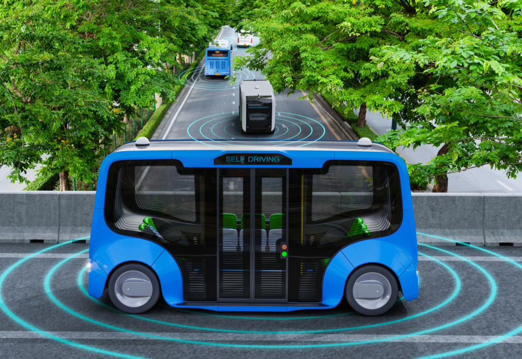 Autonomous electric shuttle bus self driving across city green road, Smart vehicle concept