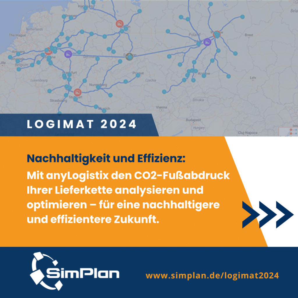 SimPlan auf der LogiMAT 2024: Nachhaltigkeit und Effizienz: Mit anyLogistix den CO2-Fußabdruck Ihrer Lieferkette analysieren und optimieren – für eine nachhaltigere und effizientere Zukunft.