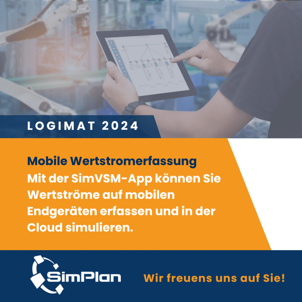 SimPlan auf der LogiMAT 2024: Mit der SimVSM-App können Anwender Wertströme auf mobilen Endgeräten erfassen und in der Cloud simulieren.